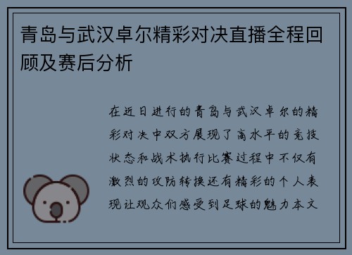 青岛与武汉卓尔精彩对决直播全程回顾及赛后分析